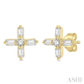 1/10 ctw Greek Cross Baguette and Round Cut Diamond Petite Earring in 10K Yellow Gold