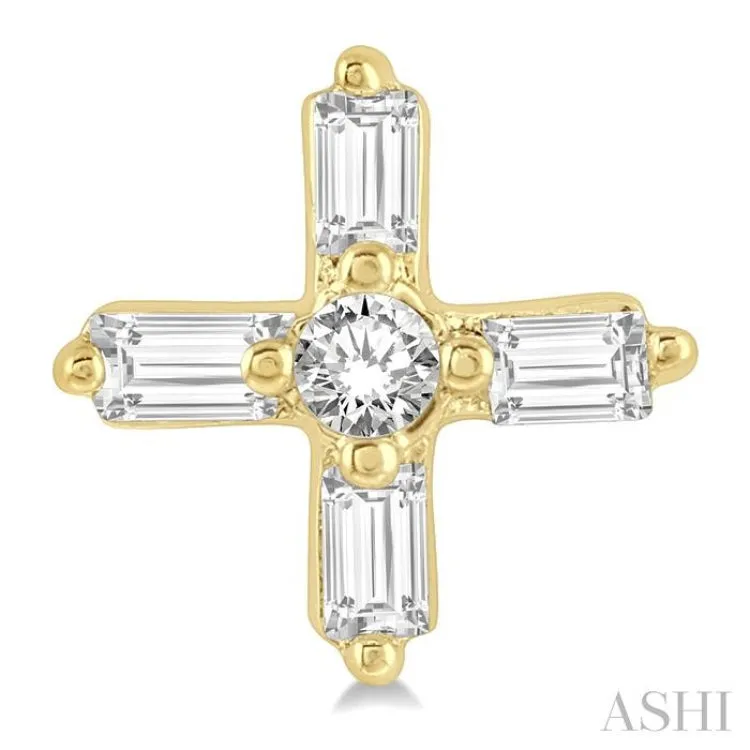 1/10 Ctw Greek Cross Baguette and Round Cut Diamond Petite Earring in 10K Yellow Gold