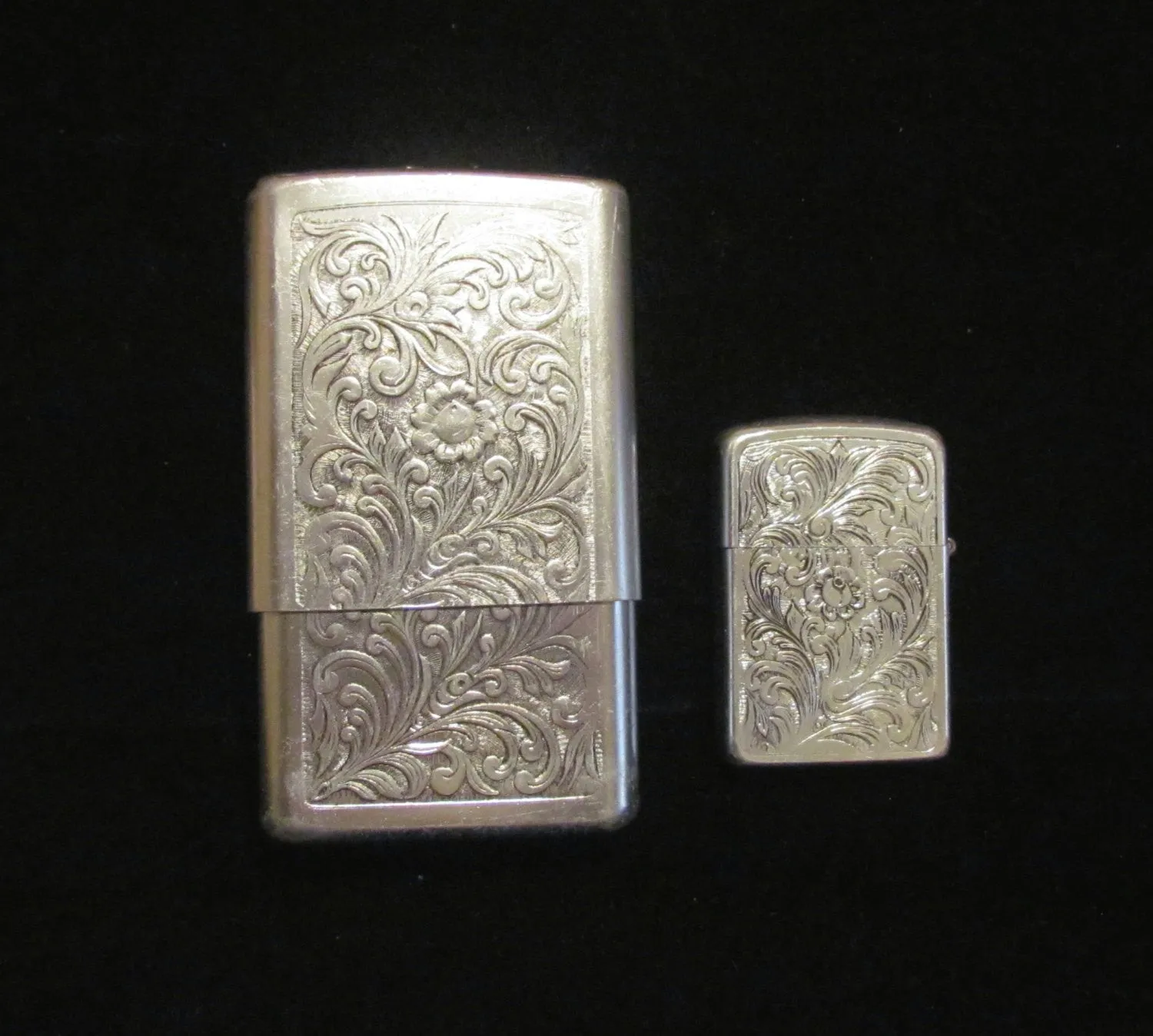 1960's Silver Cigarette Case & Flip Top Lighter Regulars 100's or Kings Working Excellent Condition