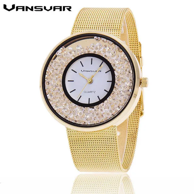 2016 New Fashion Stainless Steel Gold & Silver Band Quartz Wtach Luxury Women Rhinestone Watches Valentine Gift BW1900