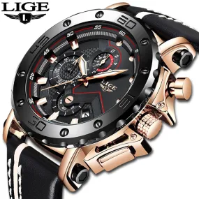 2019LIGE New Fashion Mens Watches Top Brand Luxury Big Dial Military Quartz Watch Leather Waterproof Sport Chronograph Watch Men