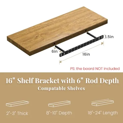 2pcs Floating Shelf Bracket Heavy Duty Hidden Metal Brackets for Shelf,Invisible Shelves Hardware Without Jig (16" x 6" x 1.5")