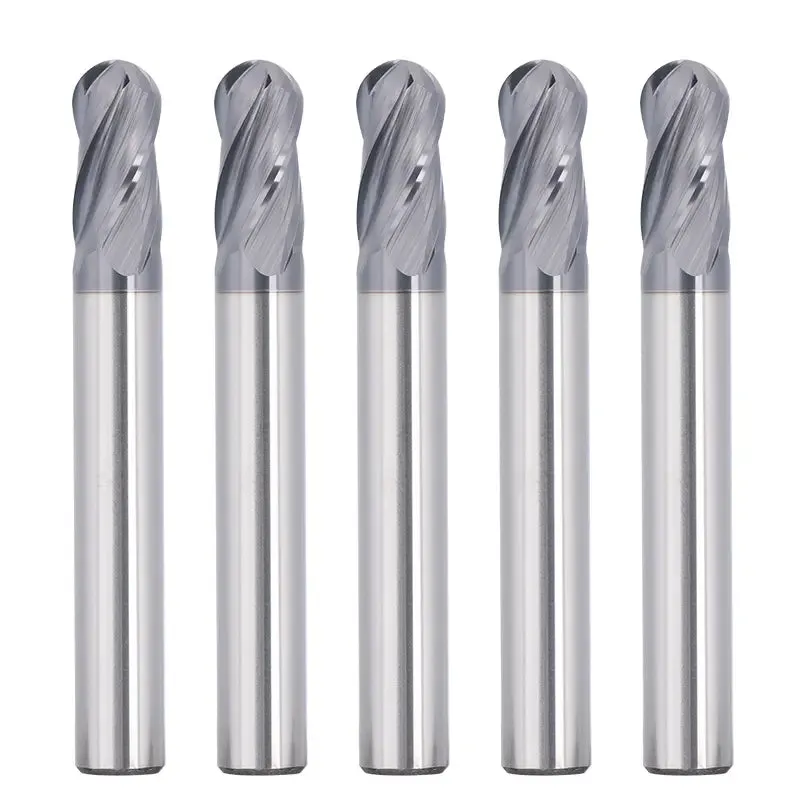 4BNC05, 1/4" Shank, 4-Flute Ball Nose, 2” Overall Length, End Mills CNC Carbide Steel Router Bits, For Carbon Steel, Stainless Steel, Aluminum, Metal, 5pcs