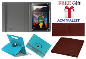 Acm Rotating Leather Flip Case for Lenovo Tab 3 7 Essential Cover Stand Greenish Blue (FREE Acm Wallet Included)