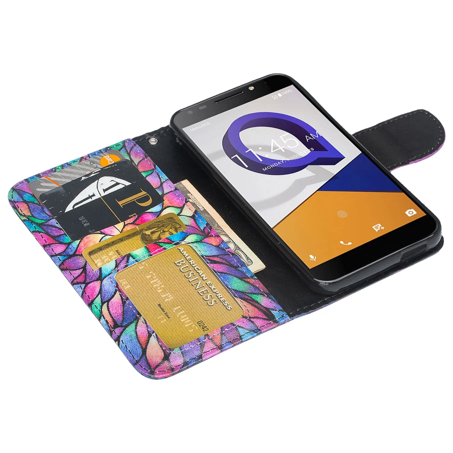 Alcatel Fierce XL2 Case, Fierce XL2 Wallet Case, Wrist Strap Pu Leather Wallet Case [Kickstand] with ID & Credit Card Slots - Rainbow Flower