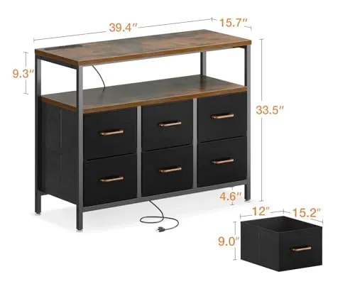 AODK Dresser with Charging Station, 40-Inch Long Dresser for Bedroom with 6 Large Fabric Drawers, Dresser TV Stand with Open Shelves for 50 Inch TV, Black