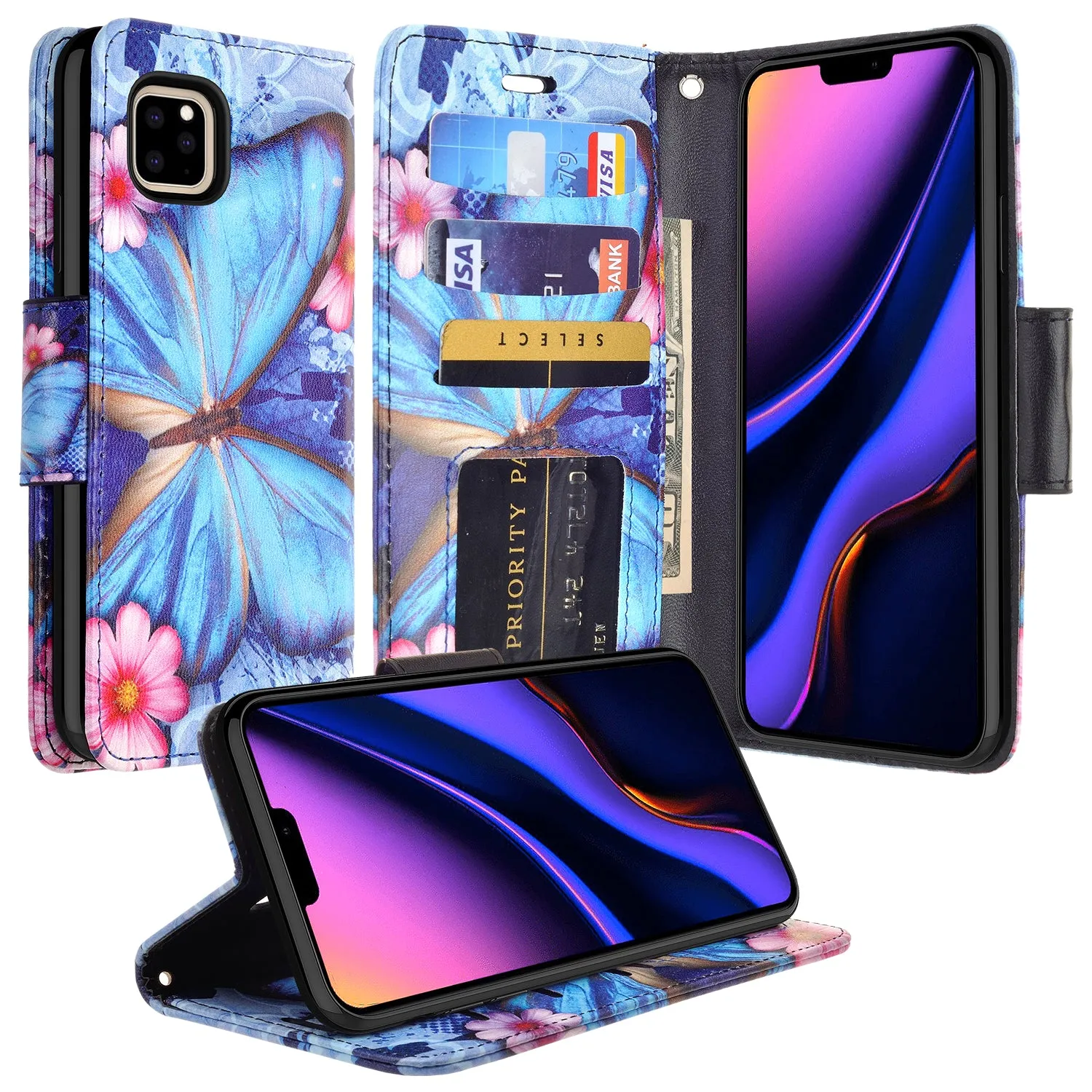 Apple iPhone 12 Pro Max Case, iPhone 12 Pro Max Wallet Case, Wrist Strap Pu Leather Wallet Case [Kickstand] with ID & Credit Card Slots - Blue Butterfly