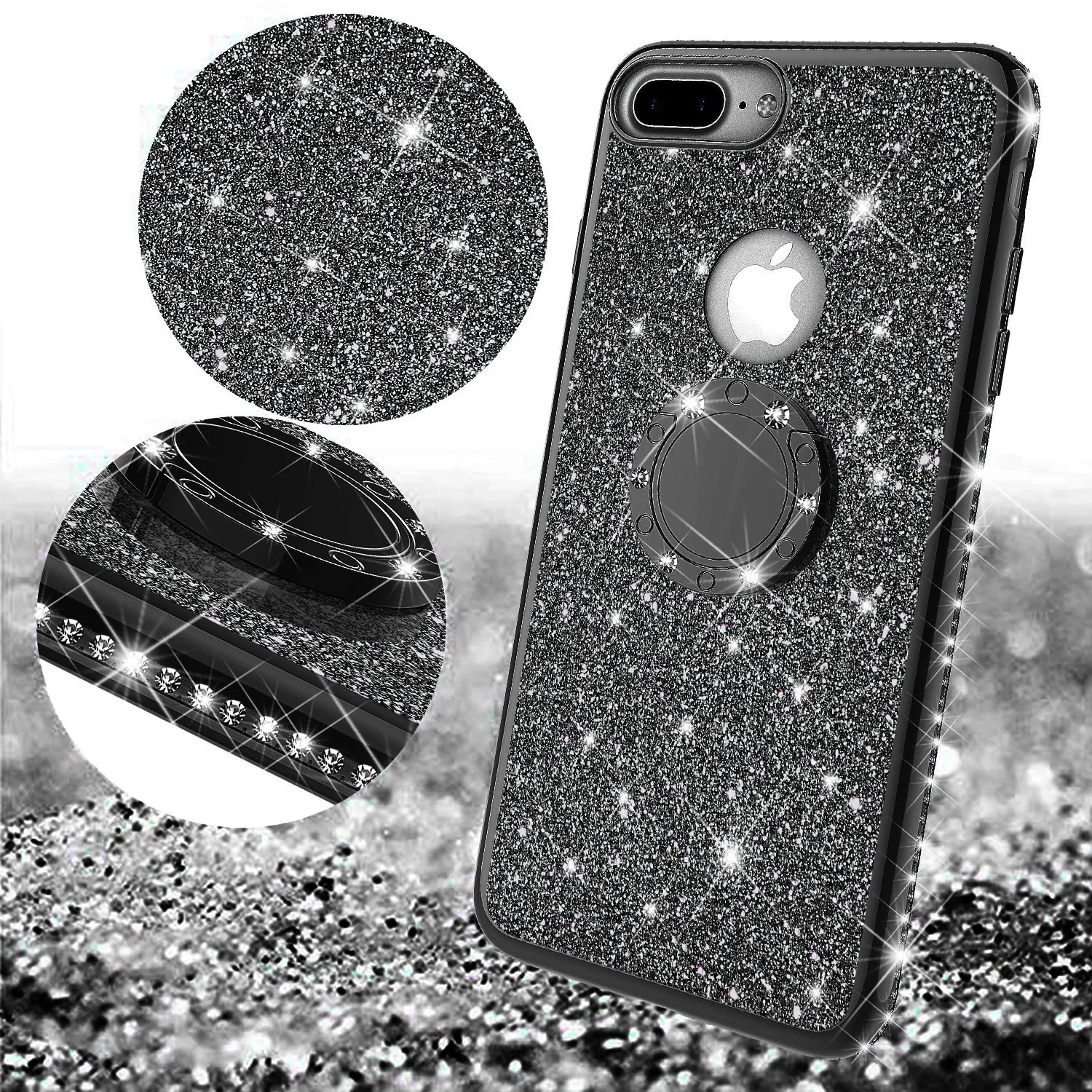 Apple iPhone 7 Case, Glitter Cute Phone Case Girls with Kickstand,Bling Diamond Rhinestone Bumper Ring Stand Sparkly Luxury Clear Thin Soft Protective Apple iPhone 7 Case for Girl Women - Black