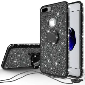 Apple iPhone 7 Case, Glitter Cute Phone Case Girls with Kickstand,Bling Diamond Rhinestone Bumper Ring Stand Sparkly Luxury Clear Thin Soft Protective Apple iPhone 7 Case for Girl Women - Black