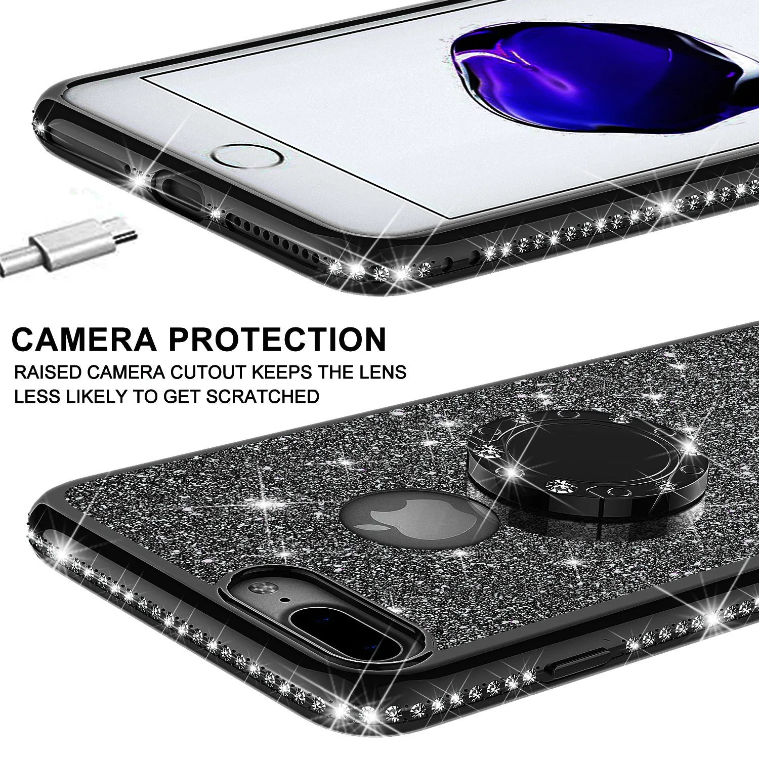 Apple iPhone 7 Case, Glitter Cute Phone Case Girls with Kickstand,Bling Diamond Rhinestone Bumper Ring Stand Sparkly Luxury Clear Thin Soft Protective Apple iPhone 7 Case for Girl Women - Black