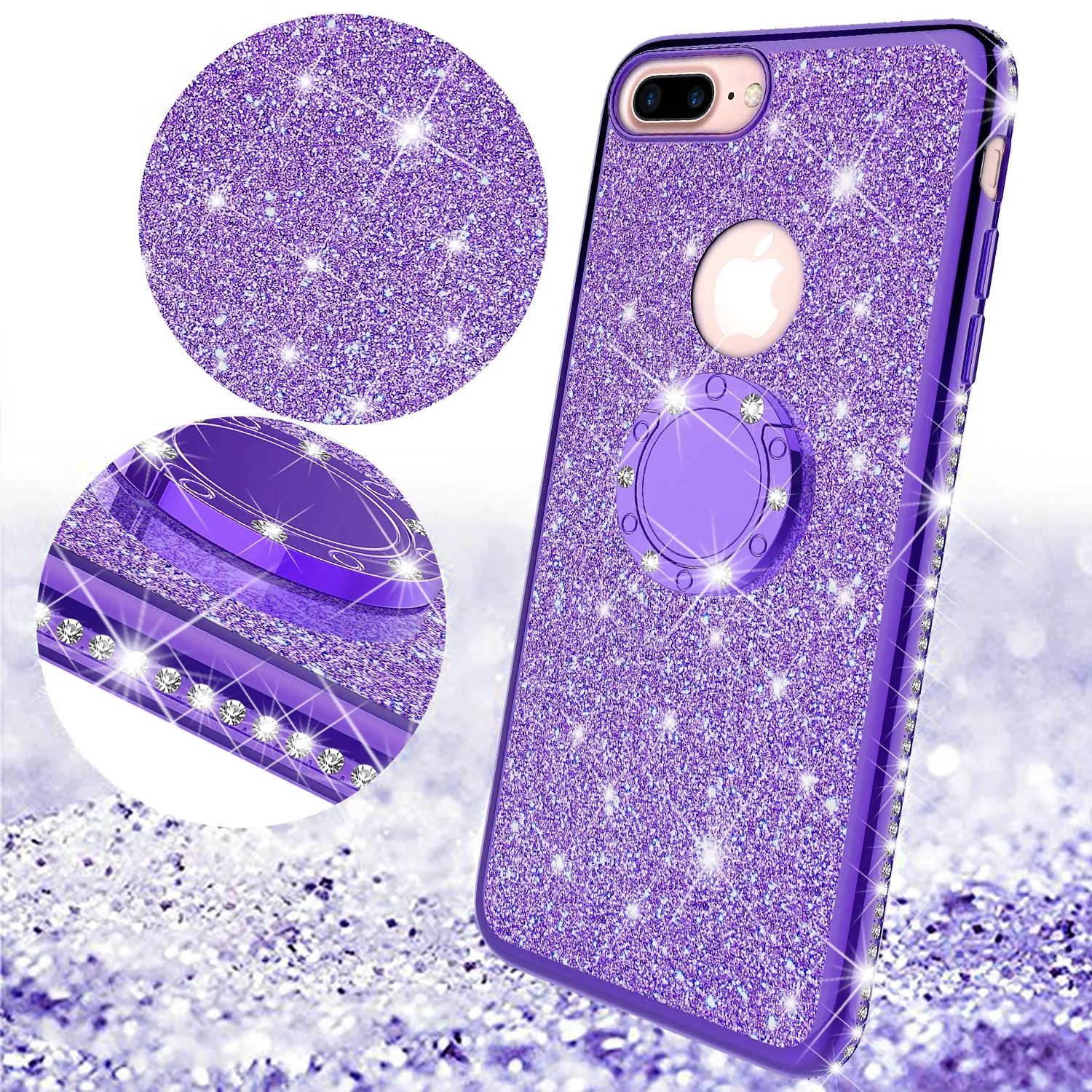 Apple iPhone 7 Case, Glitter Cute Phone Case Girls with Kickstand,Bling Diamond Rhinestone Bumper Ring Stand Sparkly Luxury Clear Thin Soft Protective Apple iPhone 7 Case for Girl Women - Purple