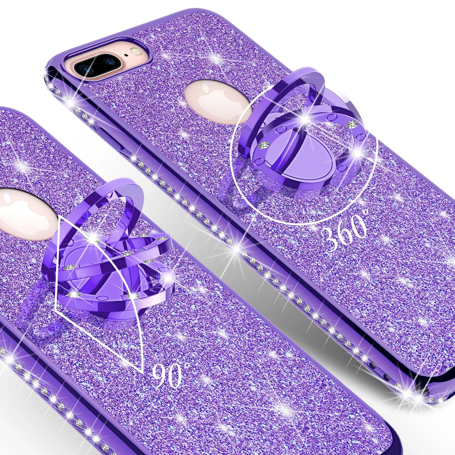 Apple iPhone 7 Case, Glitter Cute Phone Case Girls with Kickstand,Bling Diamond Rhinestone Bumper Ring Stand Sparkly Luxury Clear Thin Soft Protective Apple iPhone 7 Case for Girl Women - Purple