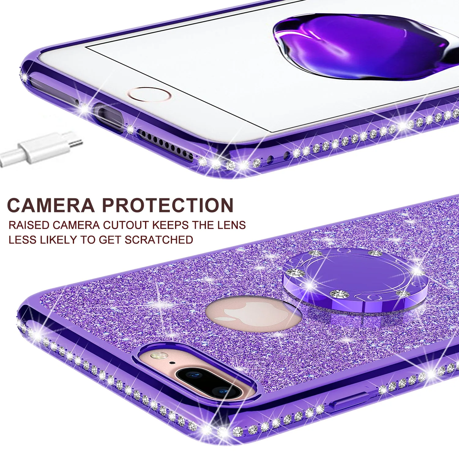 Apple iPhone 7 Case, Glitter Cute Phone Case Girls with Kickstand,Bling Diamond Rhinestone Bumper Ring Stand Sparkly Luxury Clear Thin Soft Protective Apple iPhone 7 Case for Girl Women - Purple