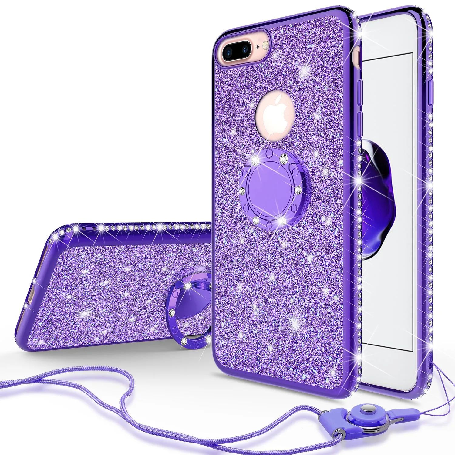 Apple iPhone 7 Case, Glitter Cute Phone Case Girls with Kickstand,Bling Diamond Rhinestone Bumper Ring Stand Sparkly Luxury Clear Thin Soft Protective Apple iPhone 7 Case for Girl Women - Purple