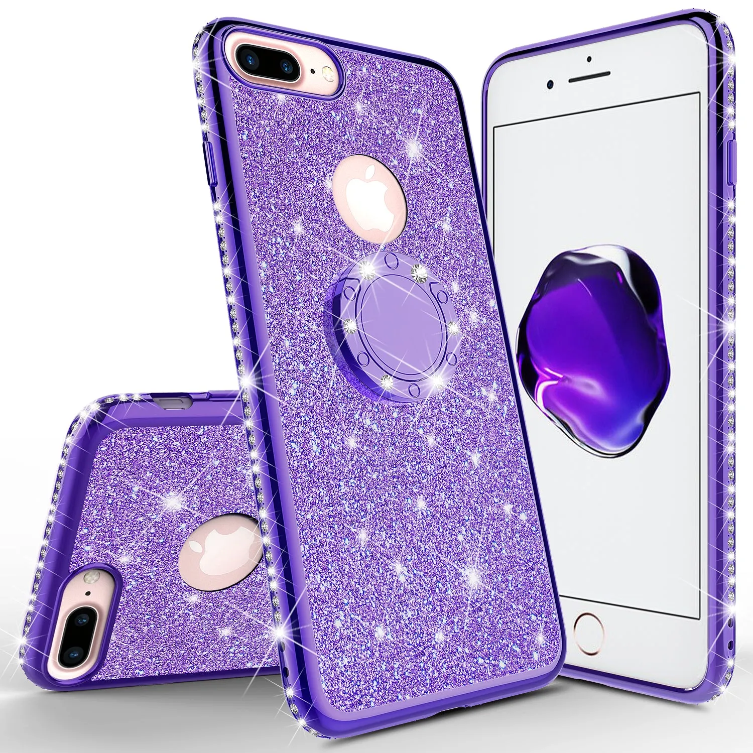 Apple iPhone 7 Case, Glitter Cute Phone Case Girls with Kickstand,Bling Diamond Rhinestone Bumper Ring Stand Sparkly Luxury Clear Thin Soft Protective Apple iPhone 7 Case for Girl Women - Purple