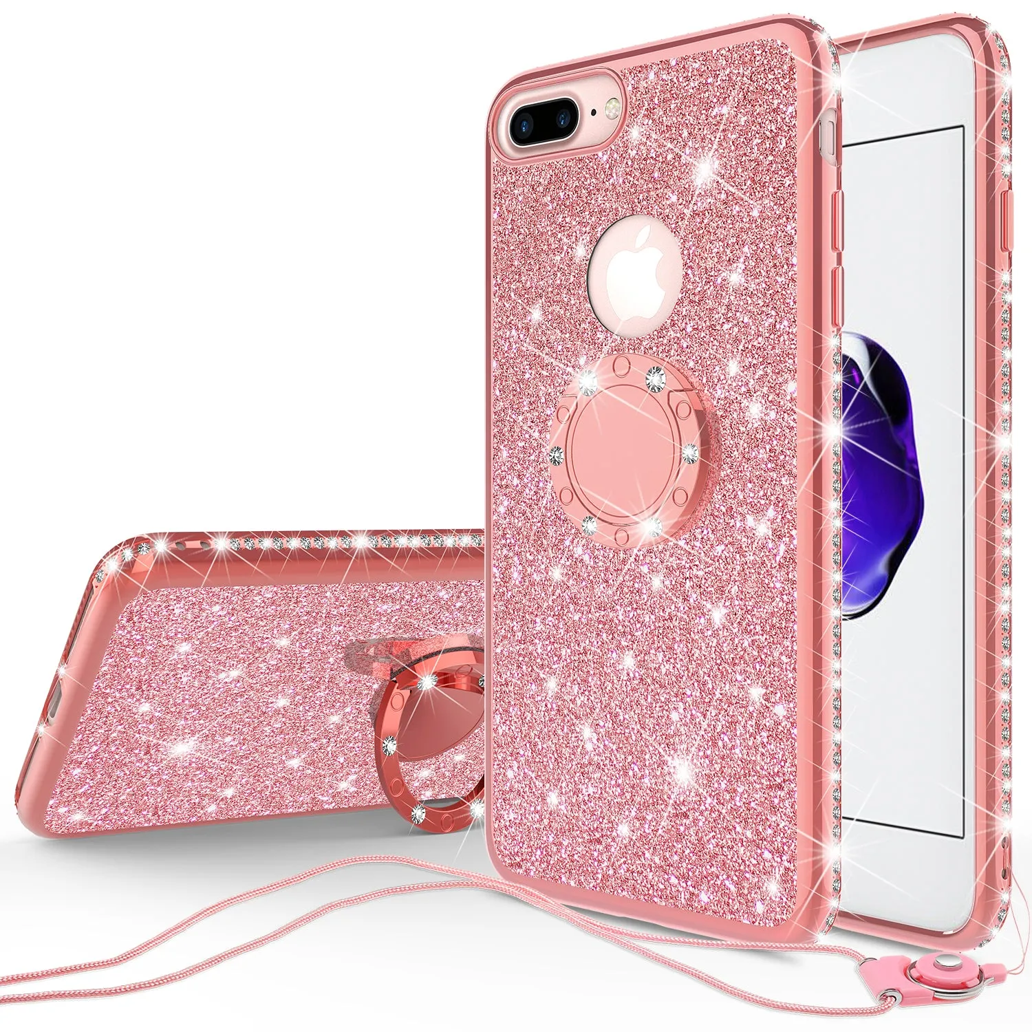 Apple iPhone 8 Case, Glitter Cute Phone Case Girls with Kickstand,Bling Diamond Rhinestone Bumper Ring Stand Sparkly Luxury Clear Thin Soft Protective Apple iPhone 8 Case for Girl Women - Rose Gold