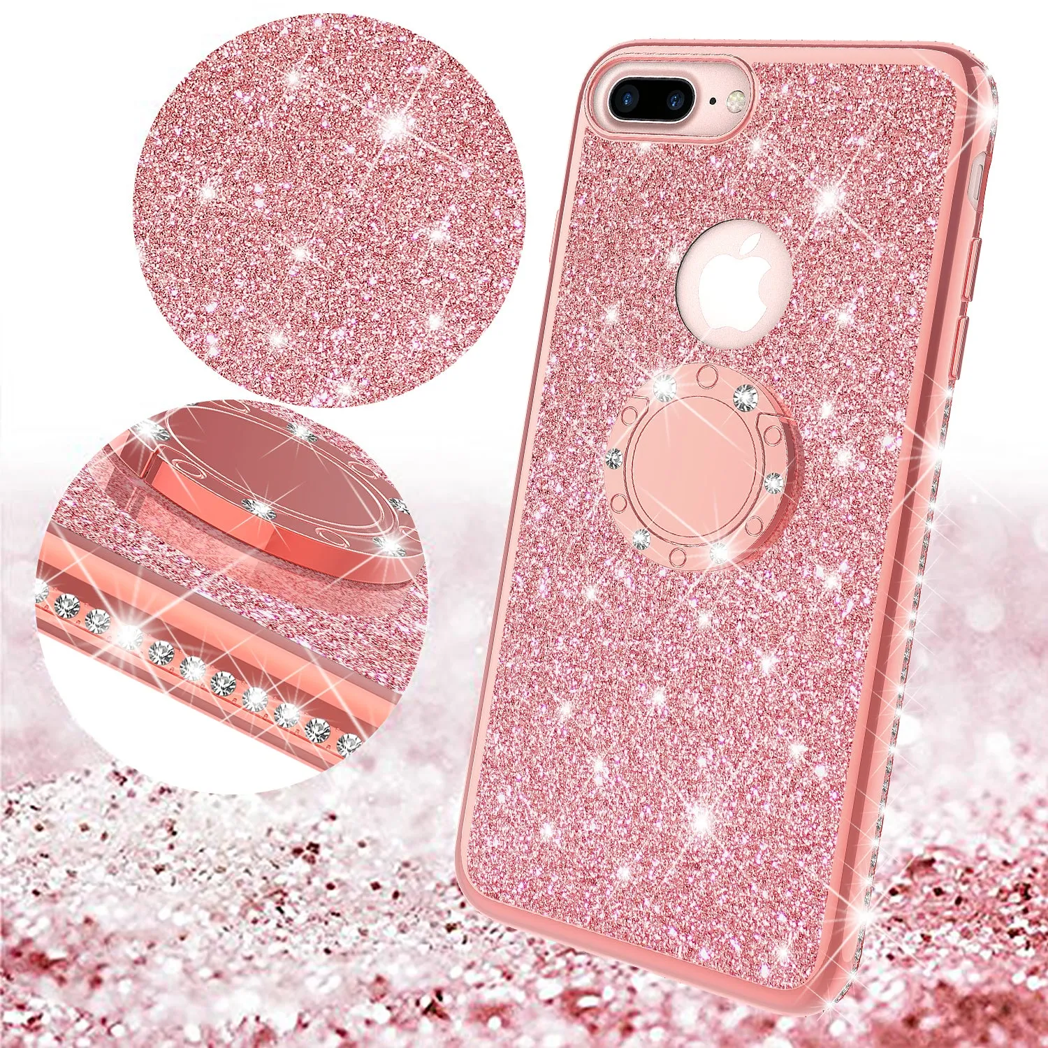 Apple iPhone 8 Case, Glitter Cute Phone Case Girls with Kickstand,Bling Diamond Rhinestone Bumper Ring Stand Sparkly Luxury Clear Thin Soft Protective Apple iPhone 8 Case for Girl Women - Rose Gold