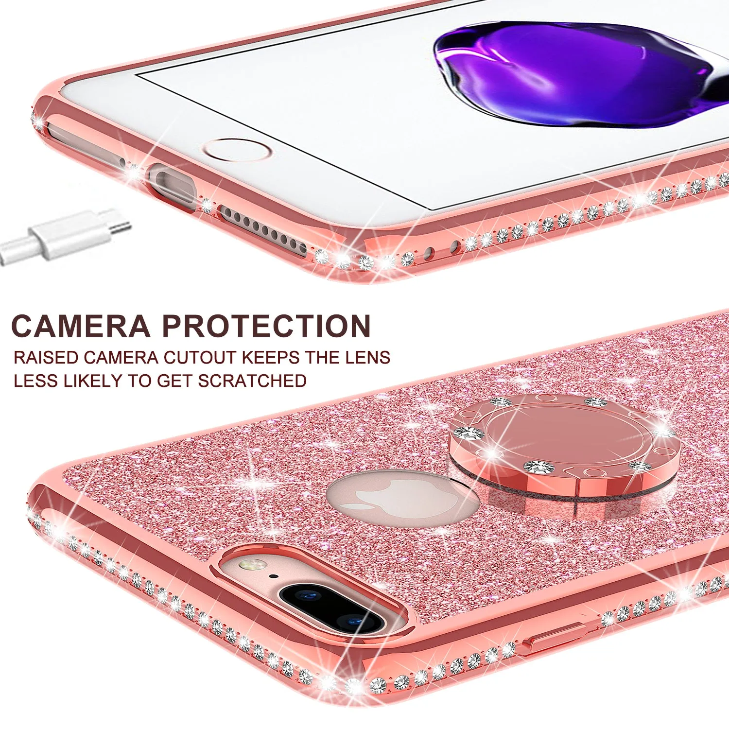 Apple iPhone 8 Case, Glitter Cute Phone Case Girls with Kickstand,Bling Diamond Rhinestone Bumper Ring Stand Sparkly Luxury Clear Thin Soft Protective Apple iPhone 8 Case for Girl Women - Rose Gold