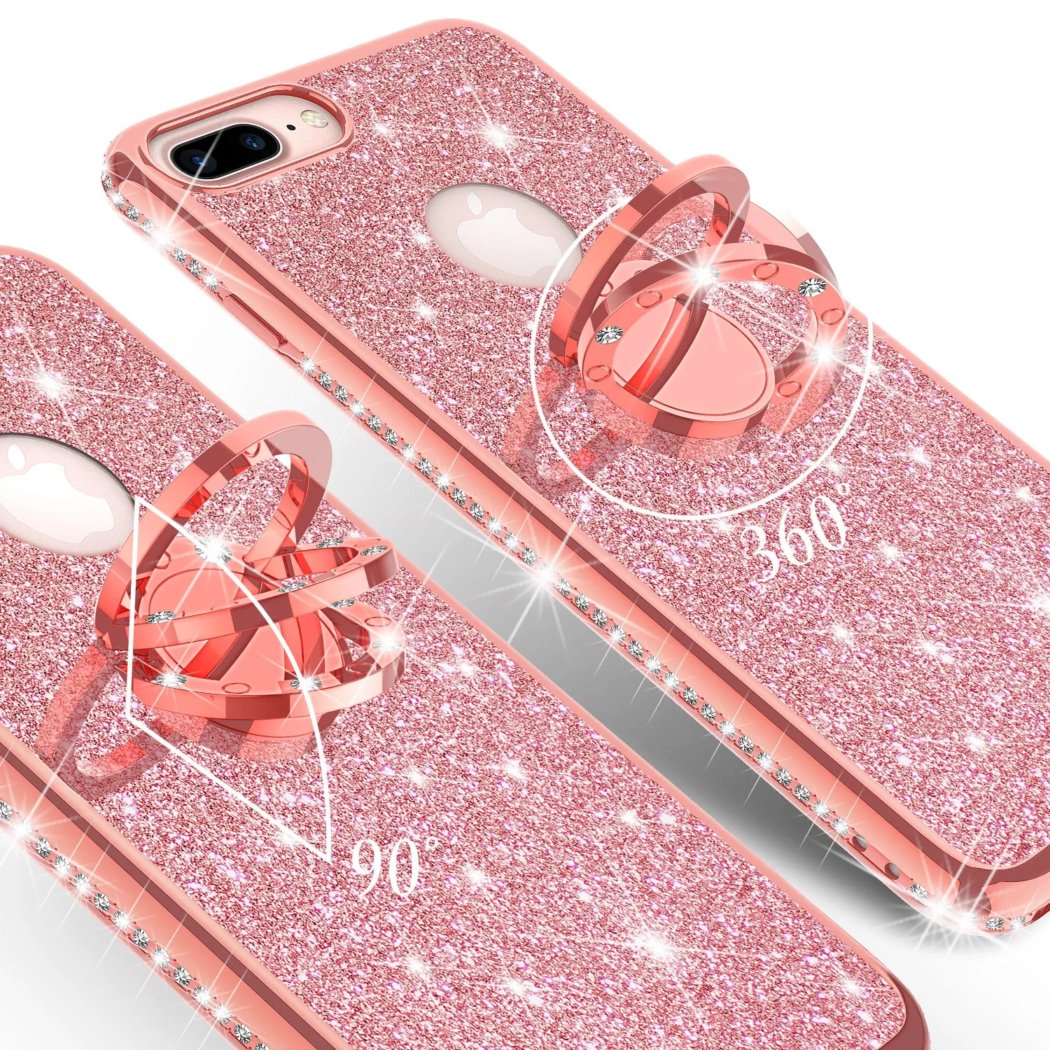 Apple iPhone 8 Case, Glitter Cute Phone Case Girls with Kickstand,Bling Diamond Rhinestone Bumper Ring Stand Sparkly Luxury Clear Thin Soft Protective Apple iPhone 8 Case for Girl Women - Rose Gold