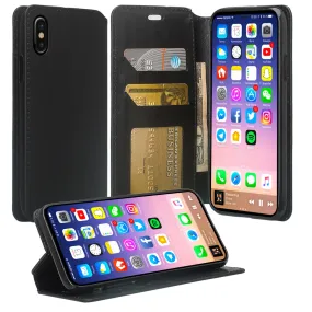 Apple iPhone X, Iphone 10 Case, Faux Leather Magnetic Flip Fold [Kickstand] Protective Wallet Case Cover - Black