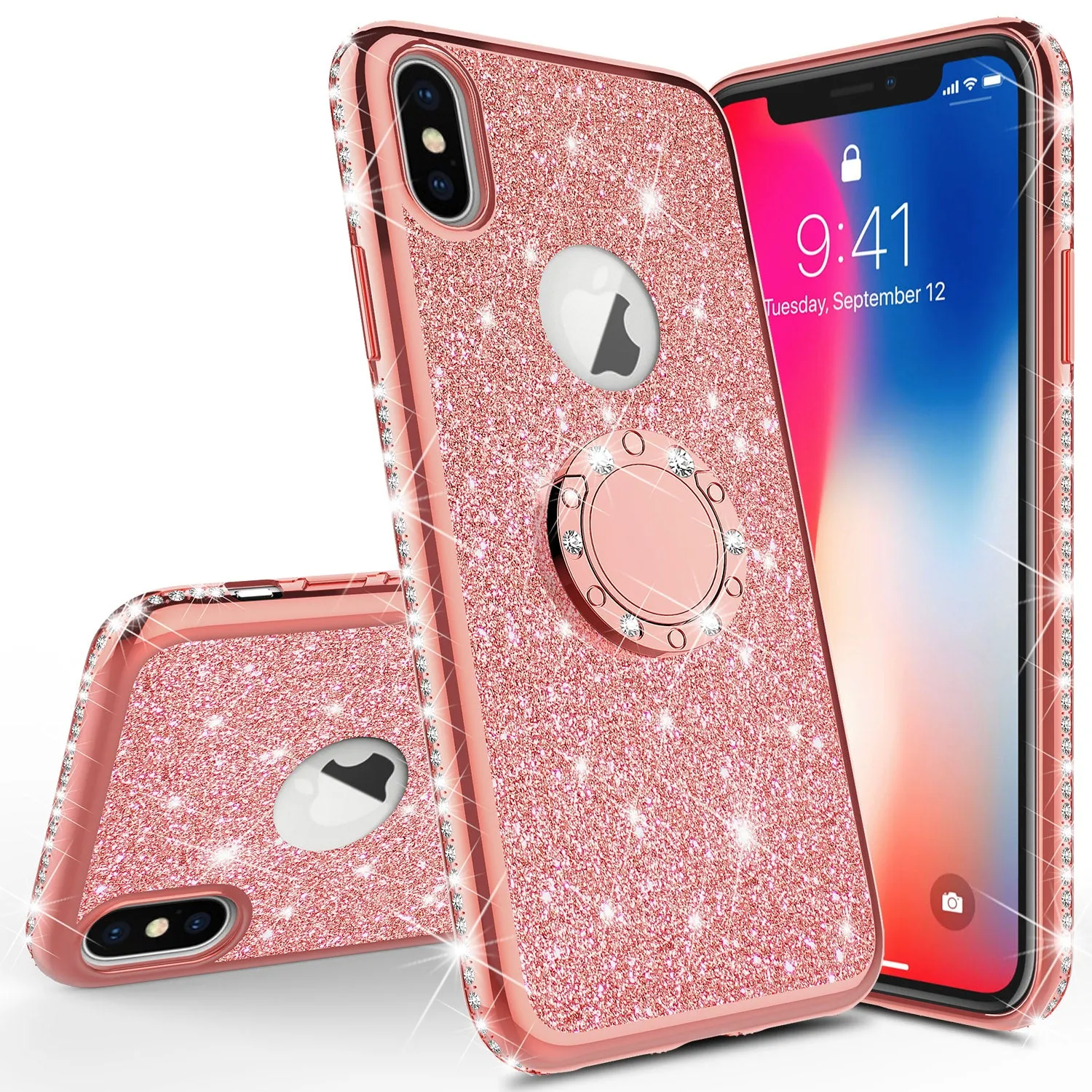 Apple iPhone XS Max , Apple A1921 Case, Glitter Cute Phone Case Girls with Kickstand,Bling Diamond Rhinestone Bumper Ring Stand Sparkly Luxury Clear Thin Soft Protective Apple iPhone XS Max Case for Girl Women - Rose Gold