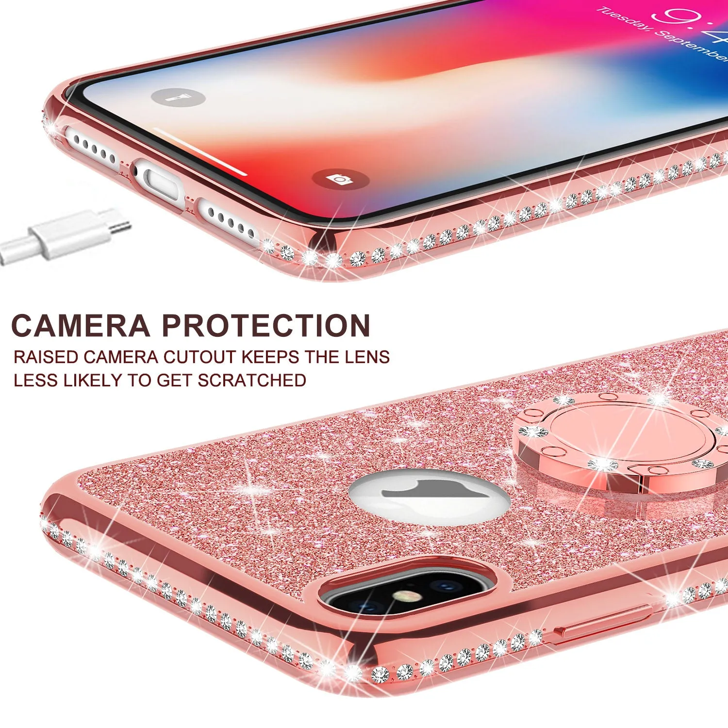 Apple iPhone XS Max , Apple A1921 Case, Glitter Cute Phone Case Girls with Kickstand,Bling Diamond Rhinestone Bumper Ring Stand Sparkly Luxury Clear Thin Soft Protective Apple iPhone XS Max Case for Girl Women - Rose Gold