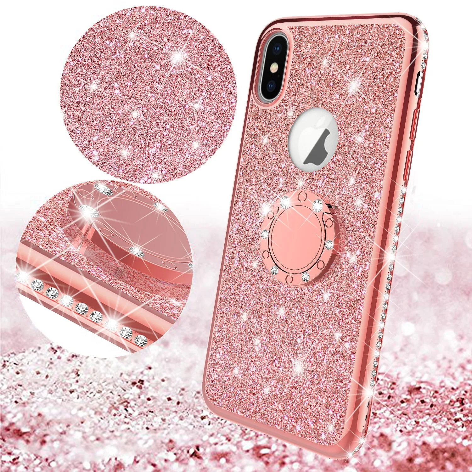 Apple iPhone XS Max , Apple A1921 Case, Glitter Cute Phone Case Girls with Kickstand,Bling Diamond Rhinestone Bumper Ring Stand Sparkly Luxury Clear Thin Soft Protective Apple iPhone XS Max Case for Girl Women - Rose Gold