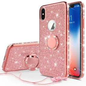 Apple iPhone XS Max , Apple A1921 Case, Glitter Cute Phone Case Girls with Kickstand,Bling Diamond Rhinestone Bumper Ring Stand Sparkly Luxury Clear Thin Soft Protective Apple iPhone XS Max Case for Girl Women - Rose Gold