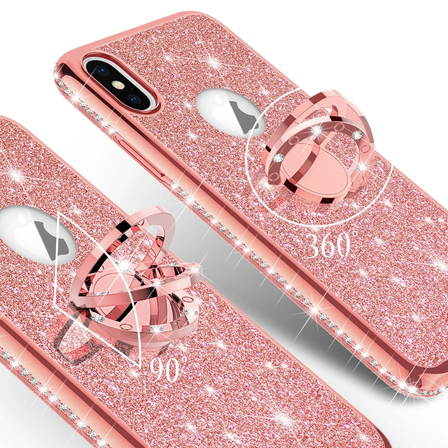 Apple iPhone XS Max , Apple A1921 Case, Glitter Cute Phone Case Girls with Kickstand,Bling Diamond Rhinestone Bumper Ring Stand Sparkly Luxury Clear Thin Soft Protective Apple iPhone XS Max Case for Girl Women - Rose Gold