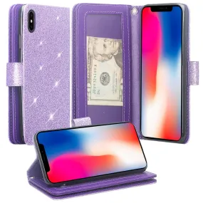 Apple iPhone XS Max Case, Apple A1921, [Wrist Strap] Glitter Faux Leather Flip [Kickstand Feature] Protective Wallet Case Clutch - Purple