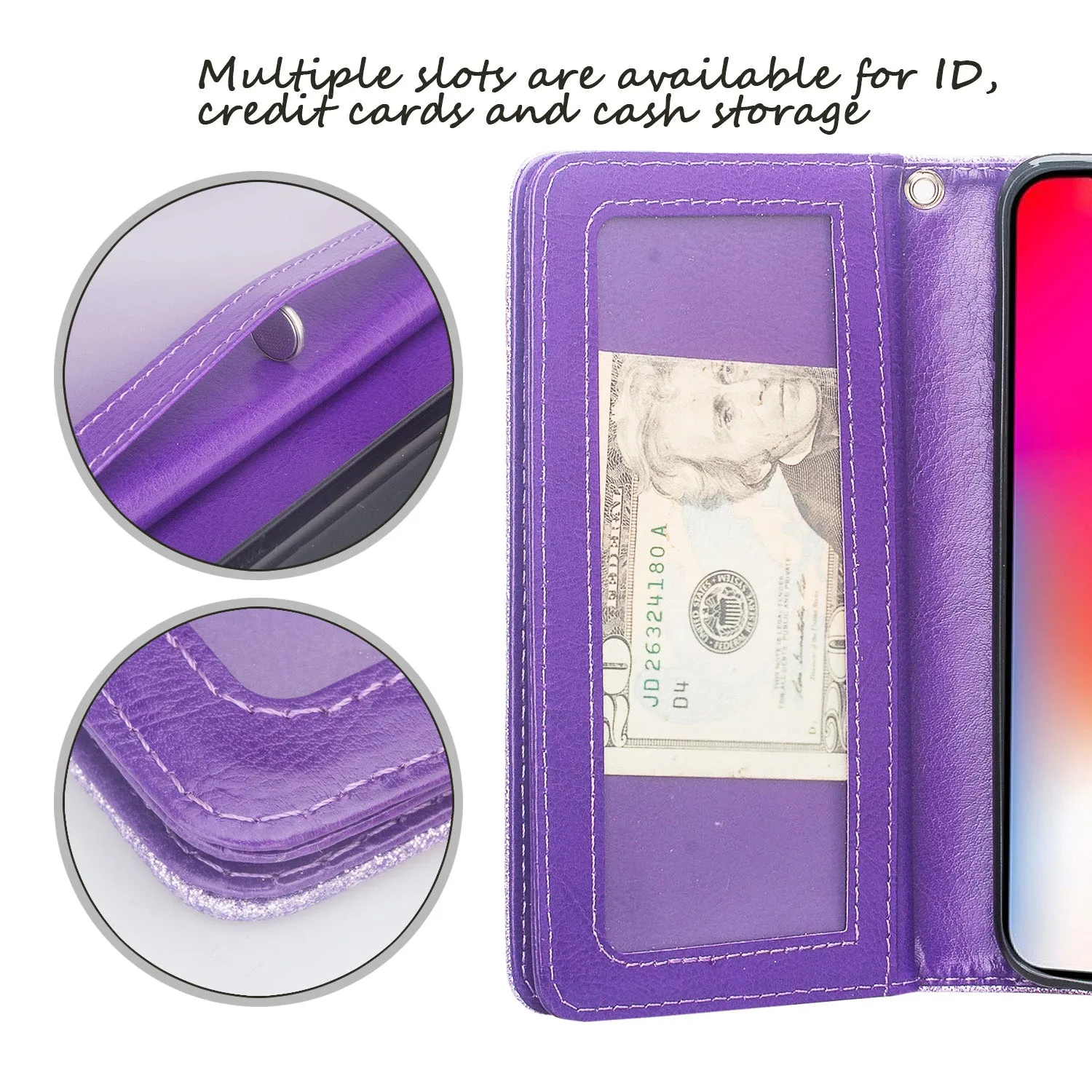 Apple iPhone XS Max Case, Apple A1921, [Wrist Strap] Glitter Faux Leather Flip [Kickstand Feature] Protective Wallet Case Clutch - Purple