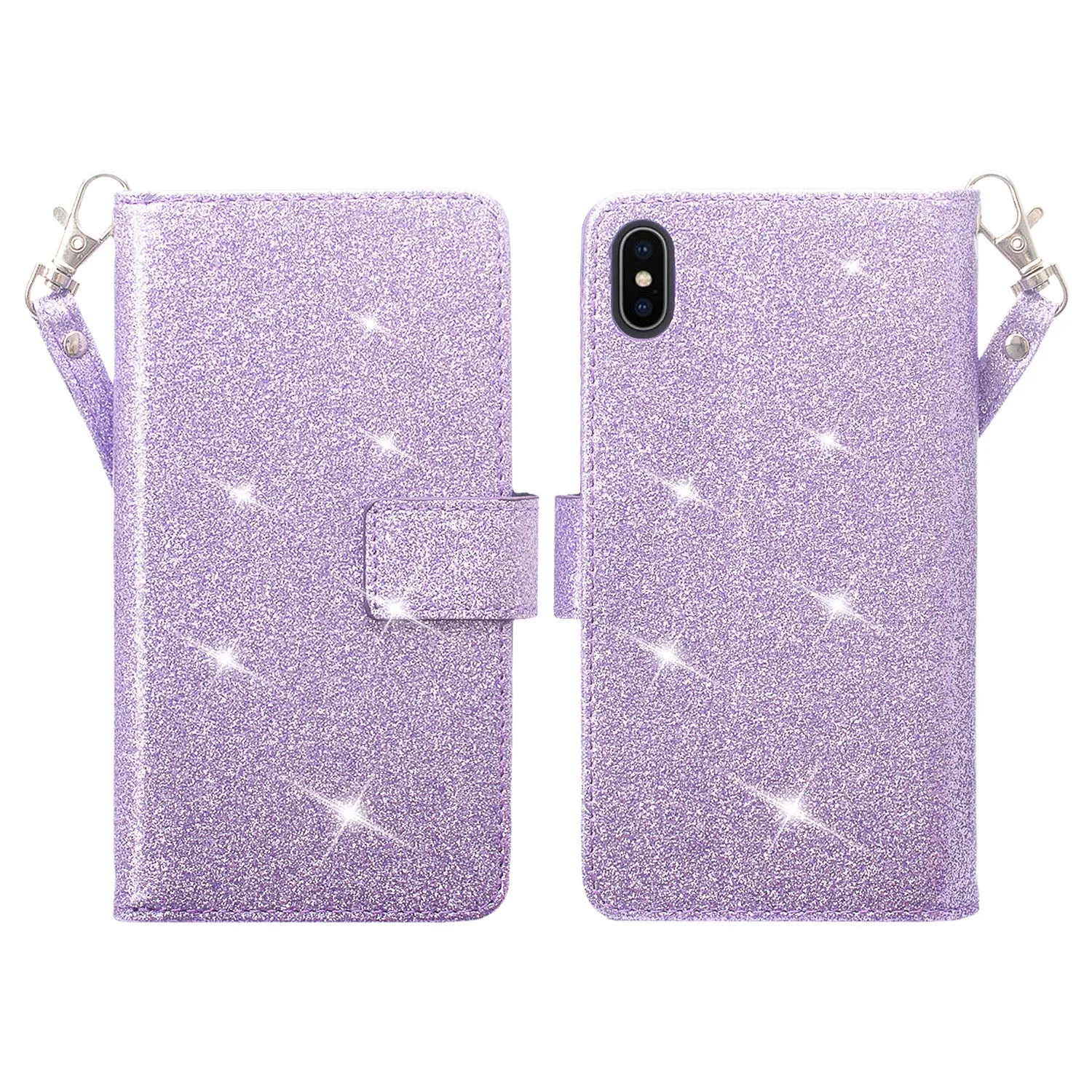 Apple iPhone XS Max Case, Apple A1921, [Wrist Strap] Glitter Faux Leather Flip [Kickstand Feature] Protective Wallet Case Clutch - Purple