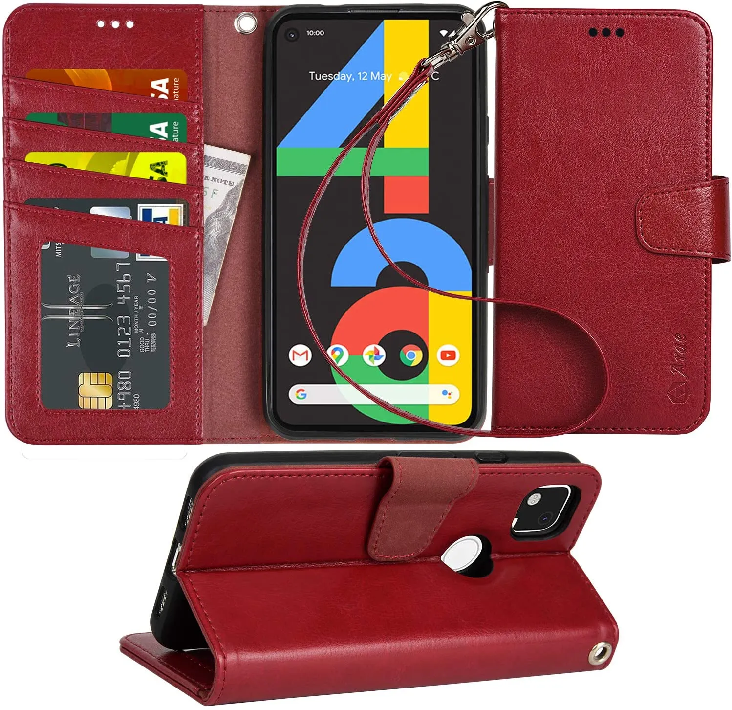 Arae Case for Google Pixel 4A PU Leather Wallet Case Cover [Stand Feature] with Wrist Strap and [4-Slots] ID&Credit Cards Pocket for Google Pixel 4A