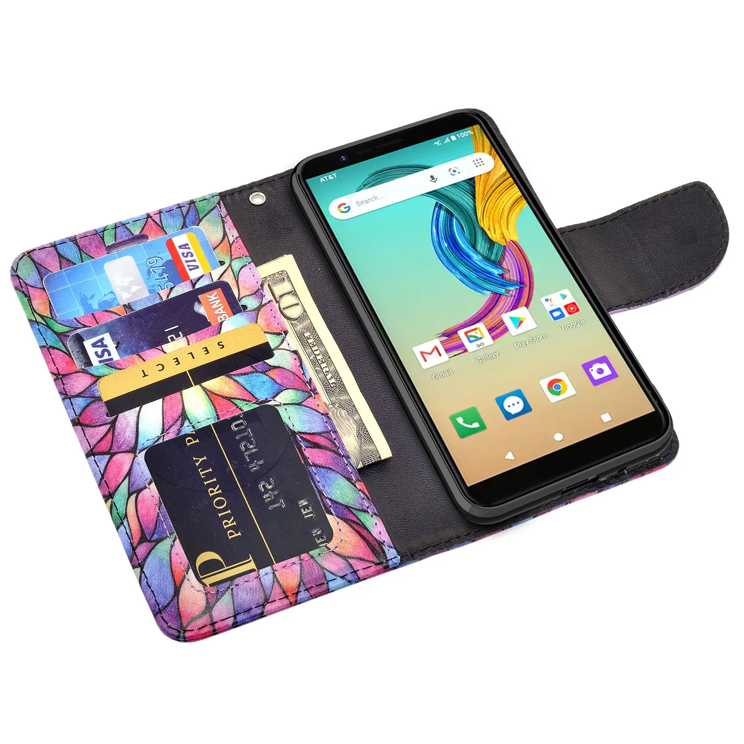 AT&T Fusion Z / Motivate Case, AT&T Fusion Z / Motivate Wallet Case, Wrist Strap Pu Leather Wallet Case [Kickstand] with ID & Credit Card Slots - Rainbow Flower