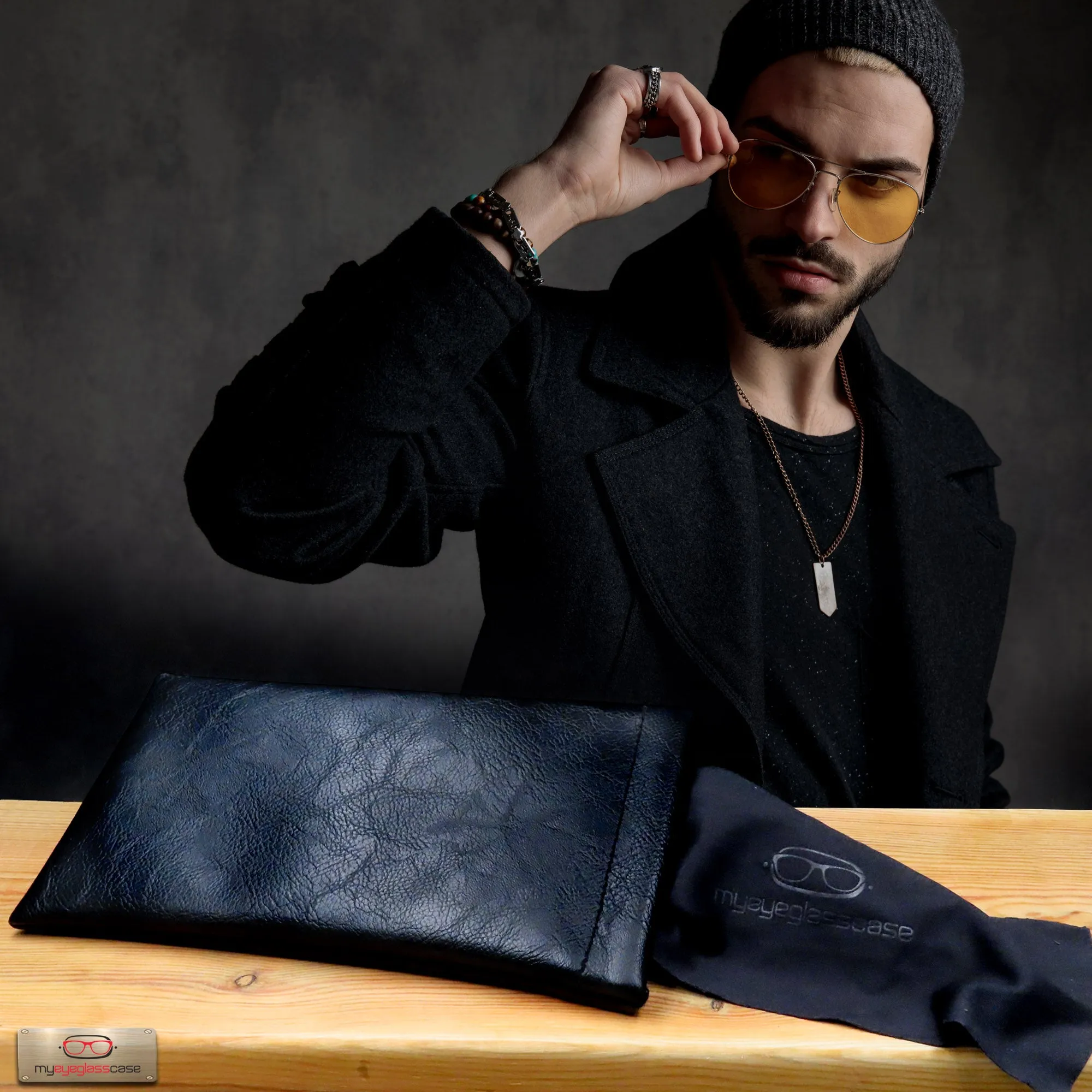 Black Distressed Large Sunglasses Pouch, Soft Eyeglasses Case w/ Cloth, Squeeze Top Case - Smartphone case (CT8 Black)