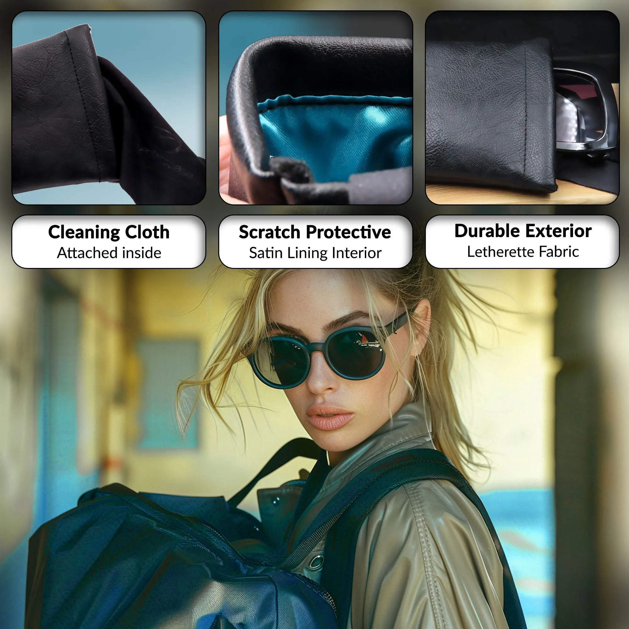 Black Distressed Large Sunglasses Pouch, Soft Eyeglasses Case w/ Cloth, Squeeze Top Case - Smartphone case (CT8 Black)