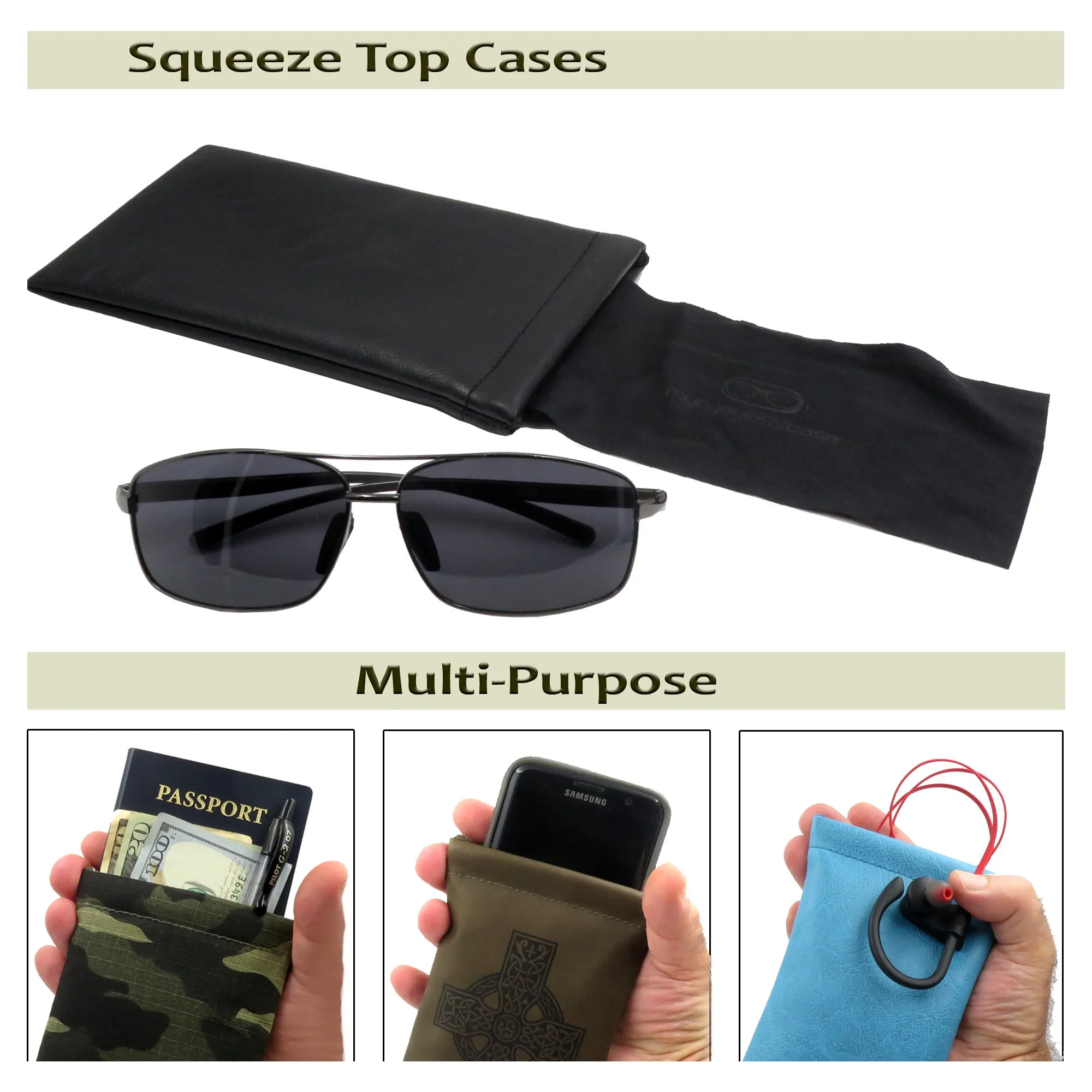 Black Distressed Large Sunglasses Pouch, Soft Eyeglasses Case w/ Cloth, Squeeze Top Case - Smartphone case (CT8 Black)