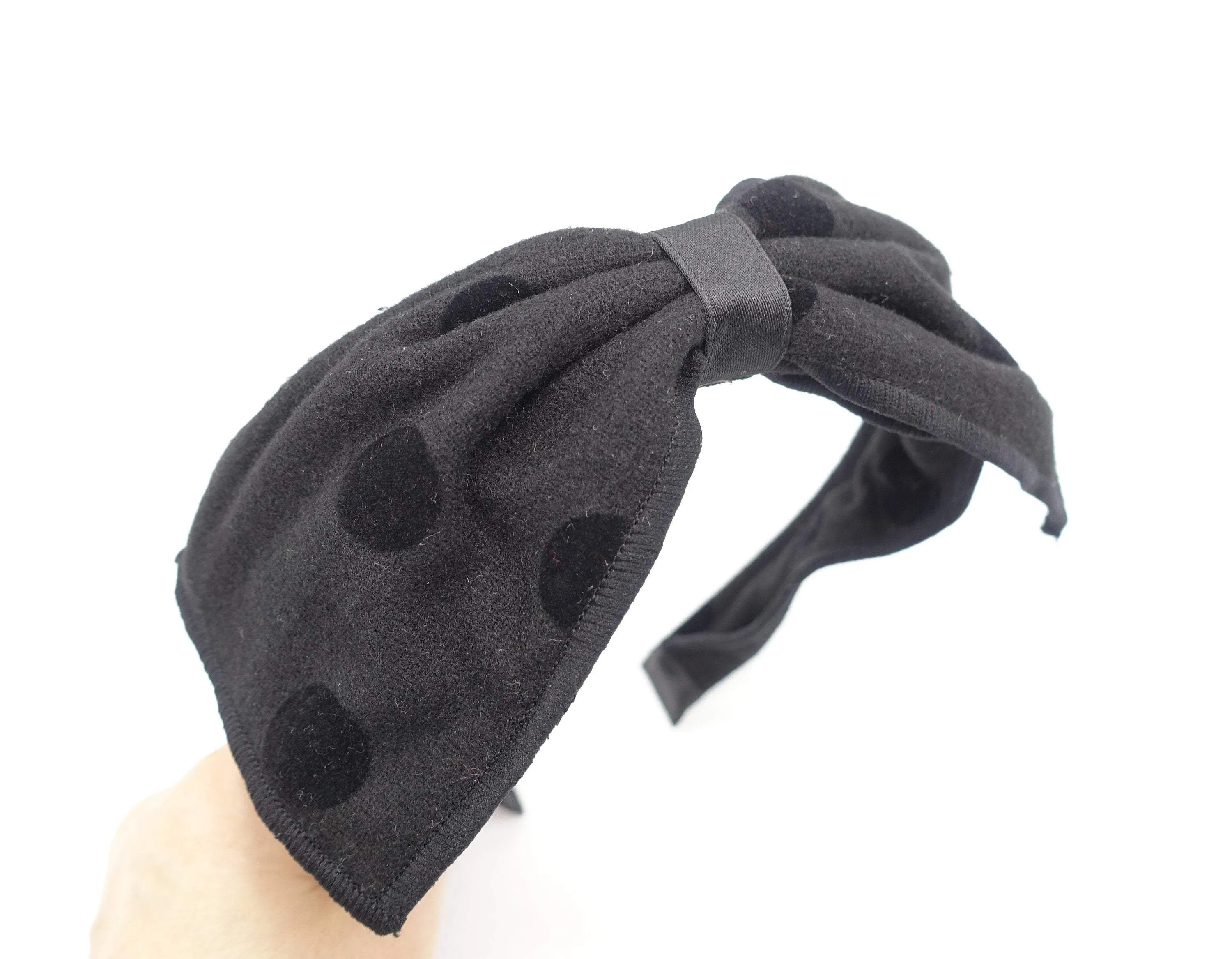 black velvet dot woolen bow headband wired hair bow for women