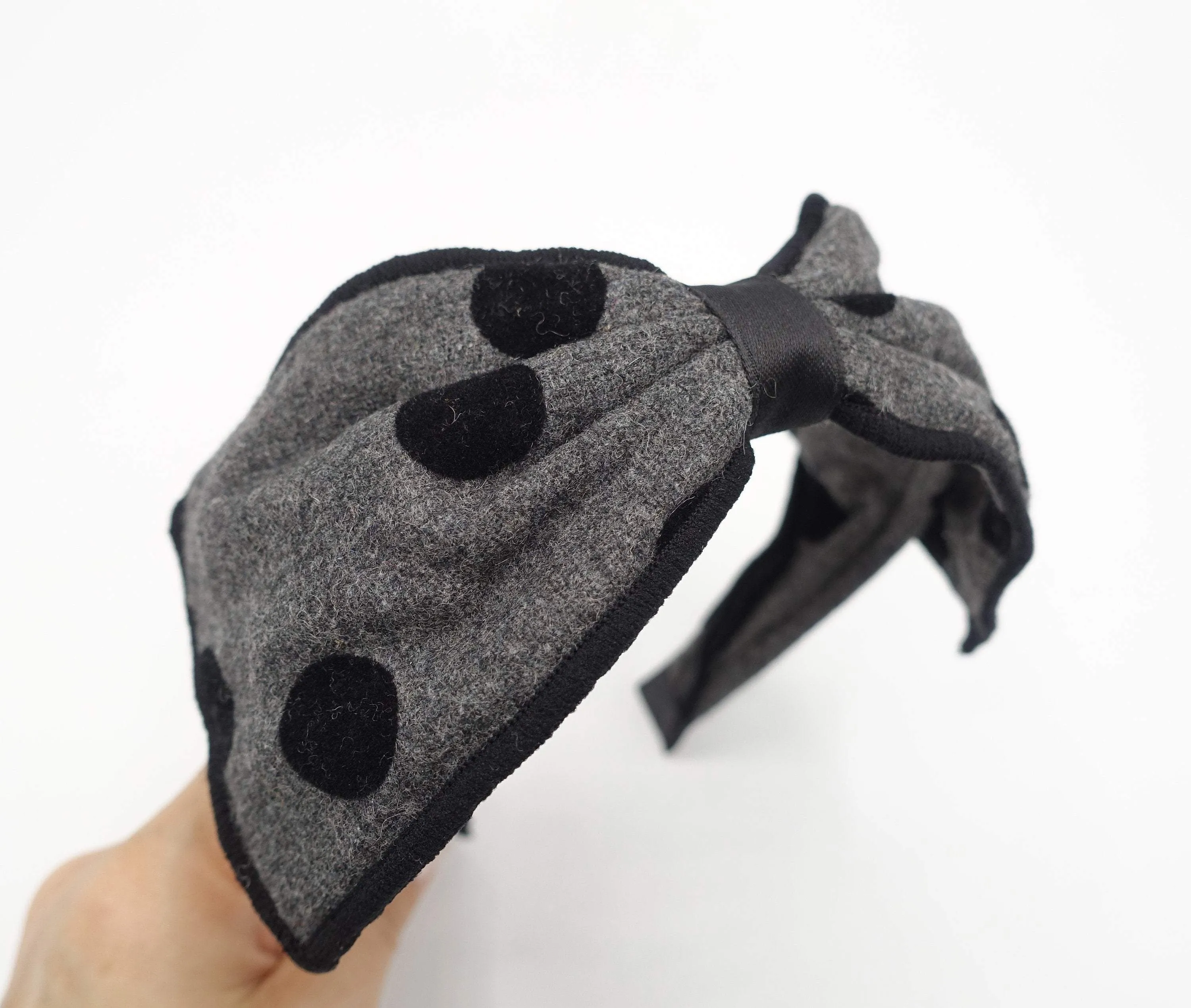 black velvet dot woolen bow headband wired hair bow for women