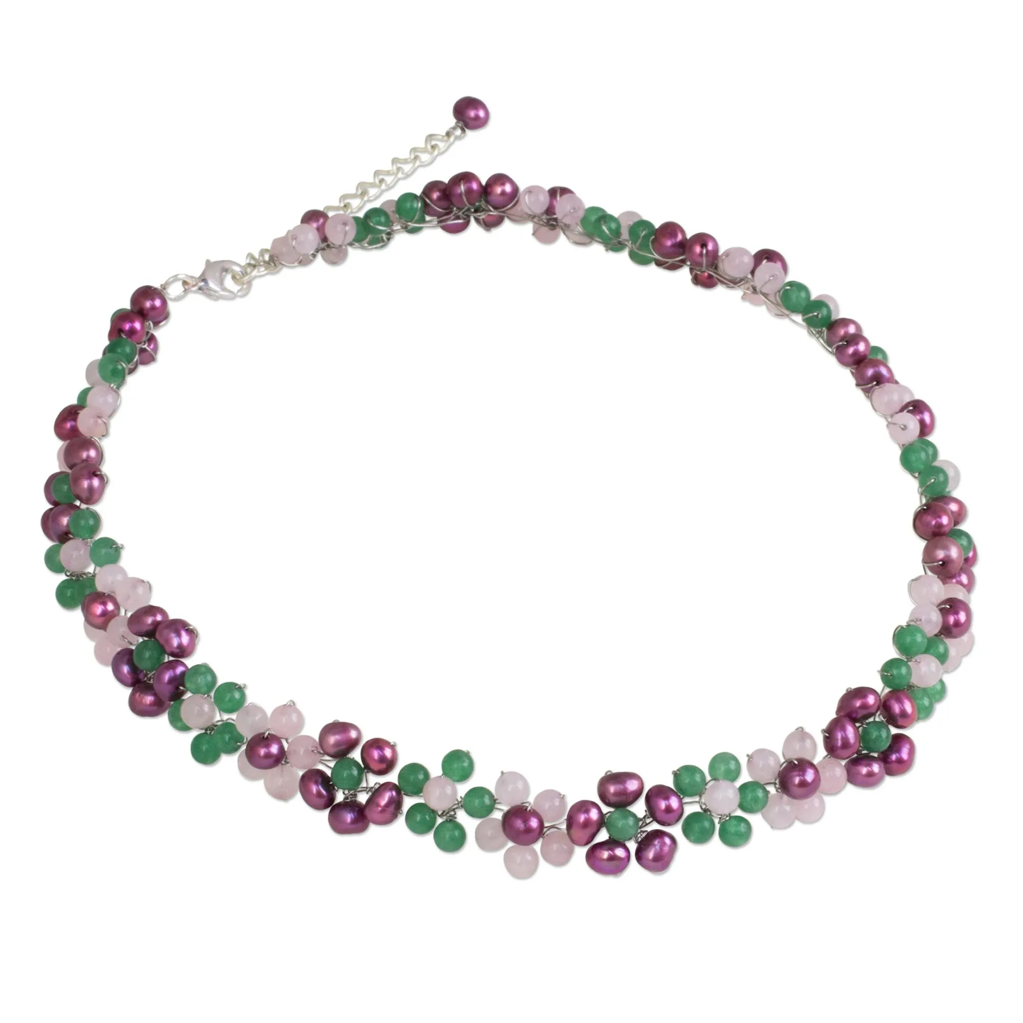 Blossoming Rainbow Artisan Crafted Pearl and Quartz Beaded Floral Necklace