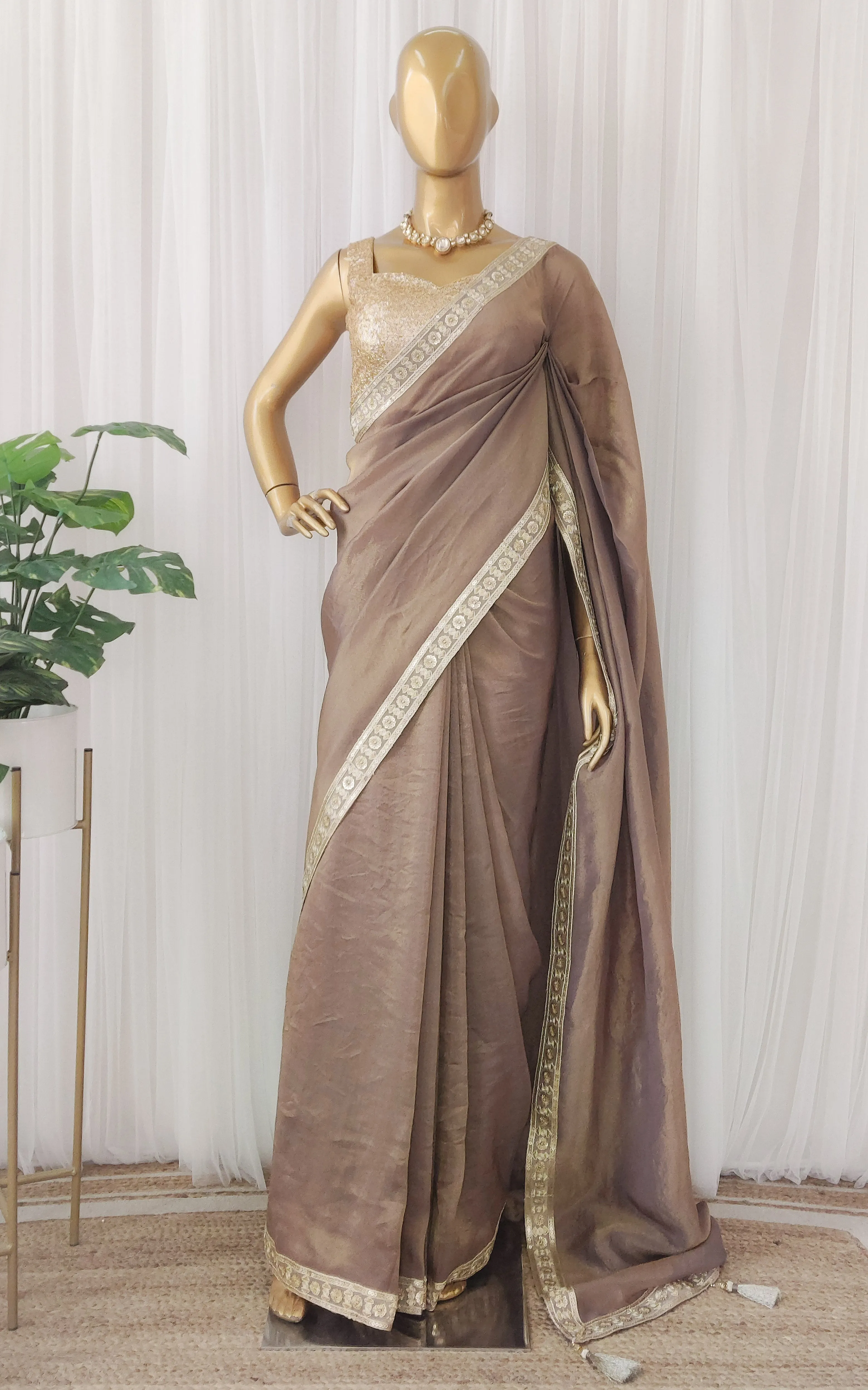 Brown Tissue Georgette Saree with Gold Sequinned Blouse