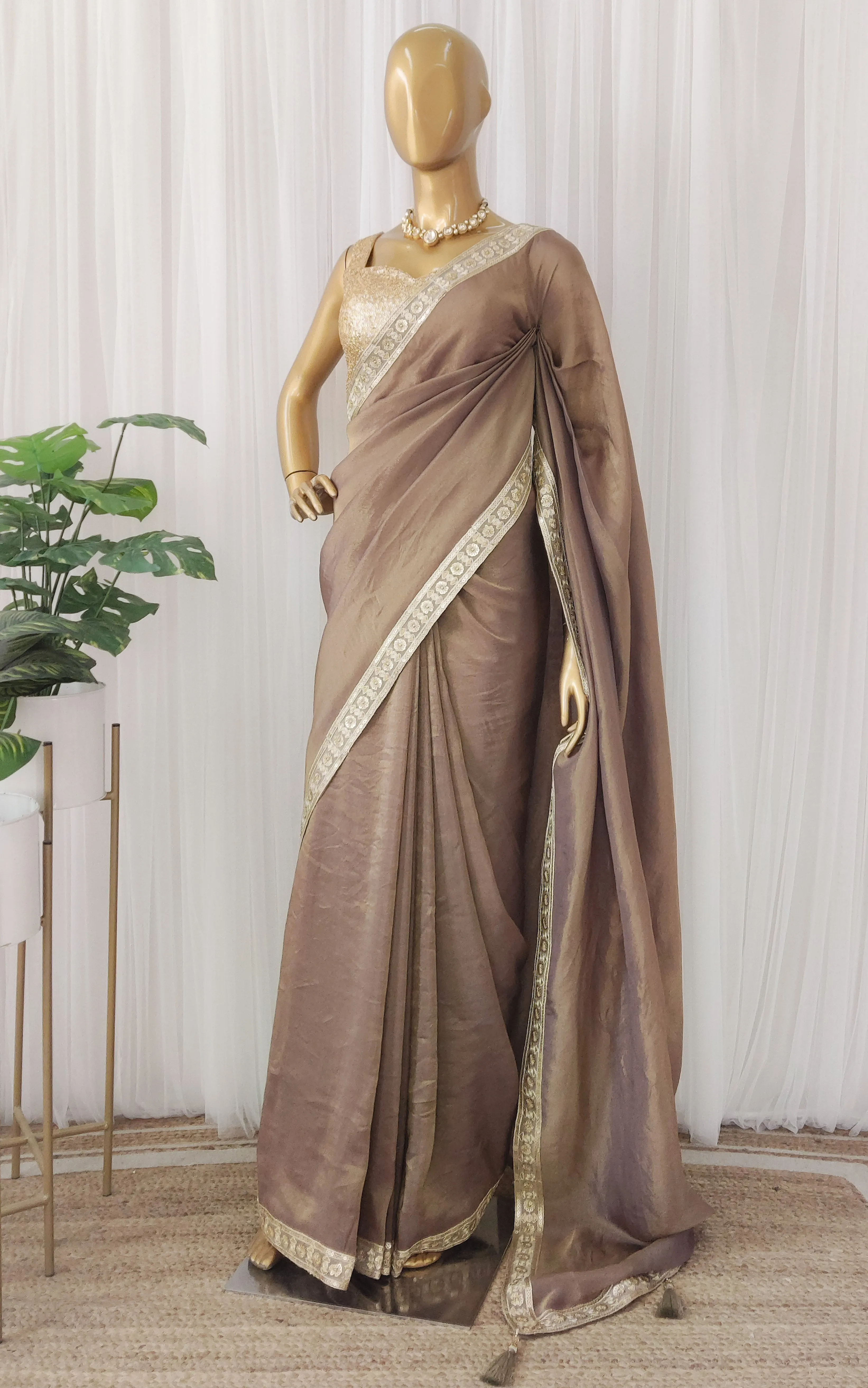 Brown Tissue Georgette Saree with Gold Sequinned Blouse