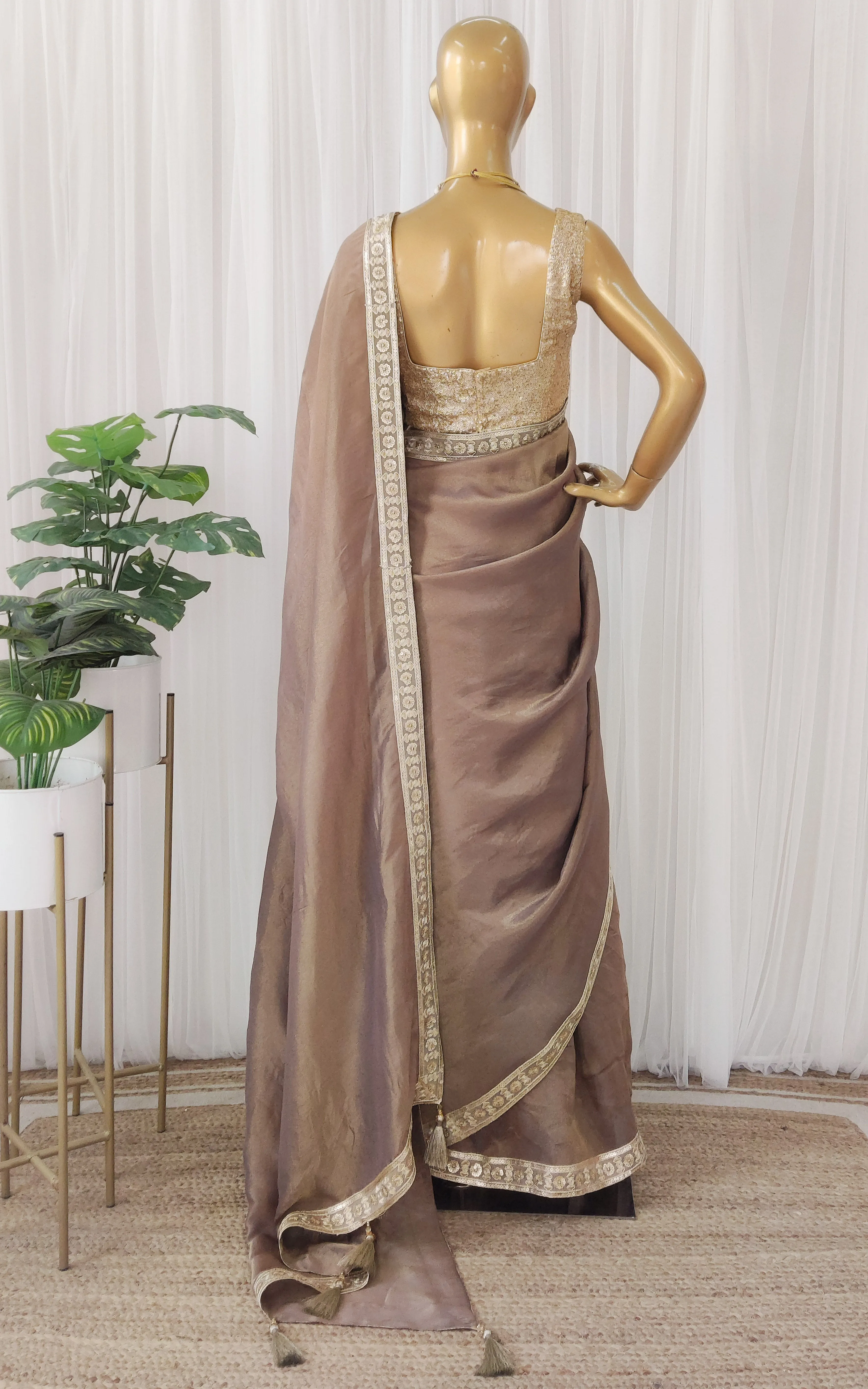 Brown Tissue Georgette Saree with Gold Sequinned Blouse