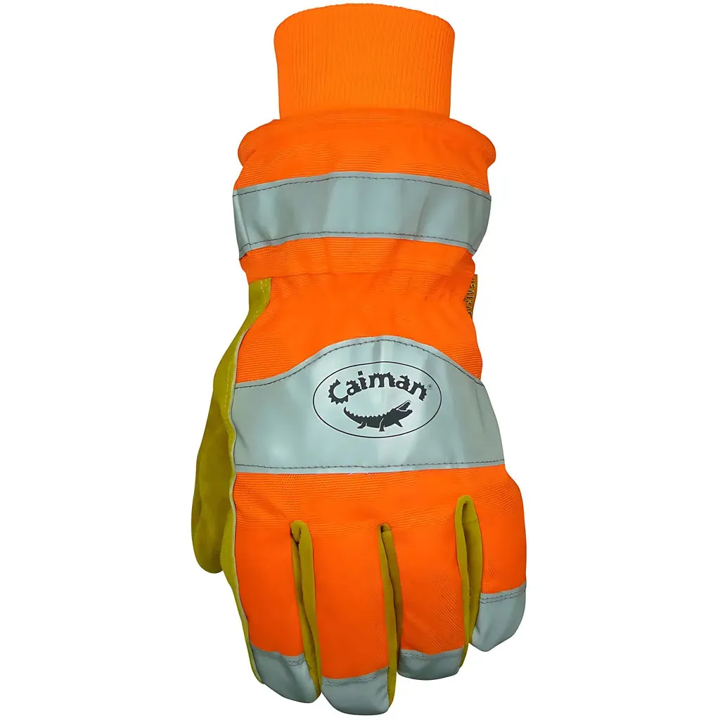 Caiman 1353-4 Premium Split Cowhide Leather Palm Glove with Hi-Vis Water Resistant Fabric Back - Heatrac Insulation