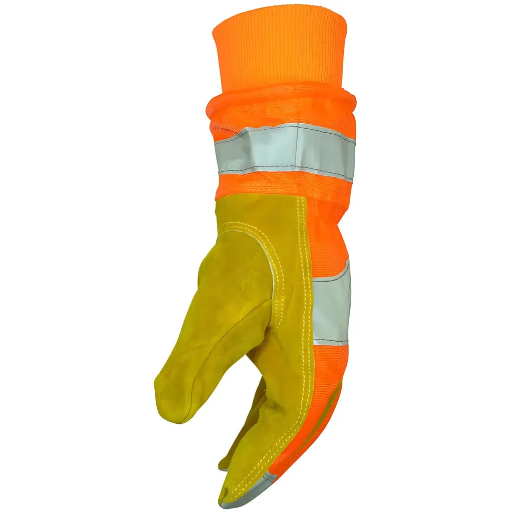 Caiman 1353-4 Premium Split Cowhide Leather Palm Glove with Hi-Vis Water Resistant Fabric Back - Heatrac Insulation