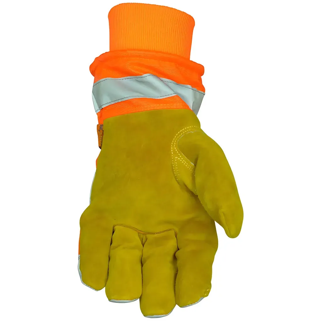 Caiman 1353-4 Premium Split Cowhide Leather Palm Glove with Hi-Vis Water Resistant Fabric Back - Heatrac Insulation