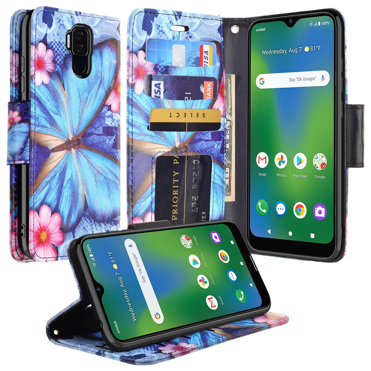 Cricket Influence Case, AT&T Maestro Plus Wallet Case, Wrist Strap Pu Leather Wallet Case [Kickstand] with ID & Credit Card Slots - Blue Butterfly