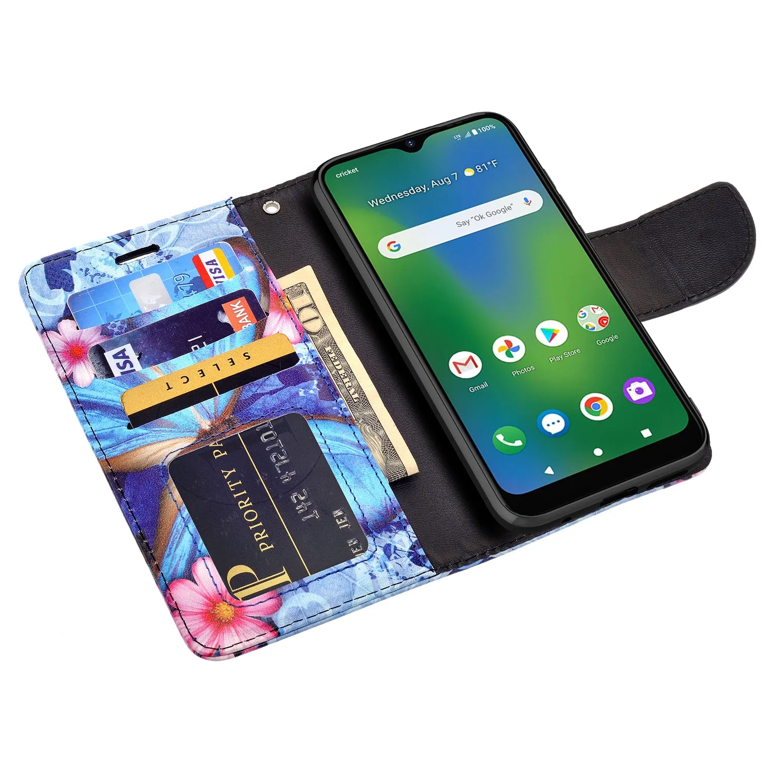 Cricket Influence Case, AT&T Maestro Plus Wallet Case, Wrist Strap Pu Leather Wallet Case [Kickstand] with ID & Credit Card Slots - Blue Butterfly