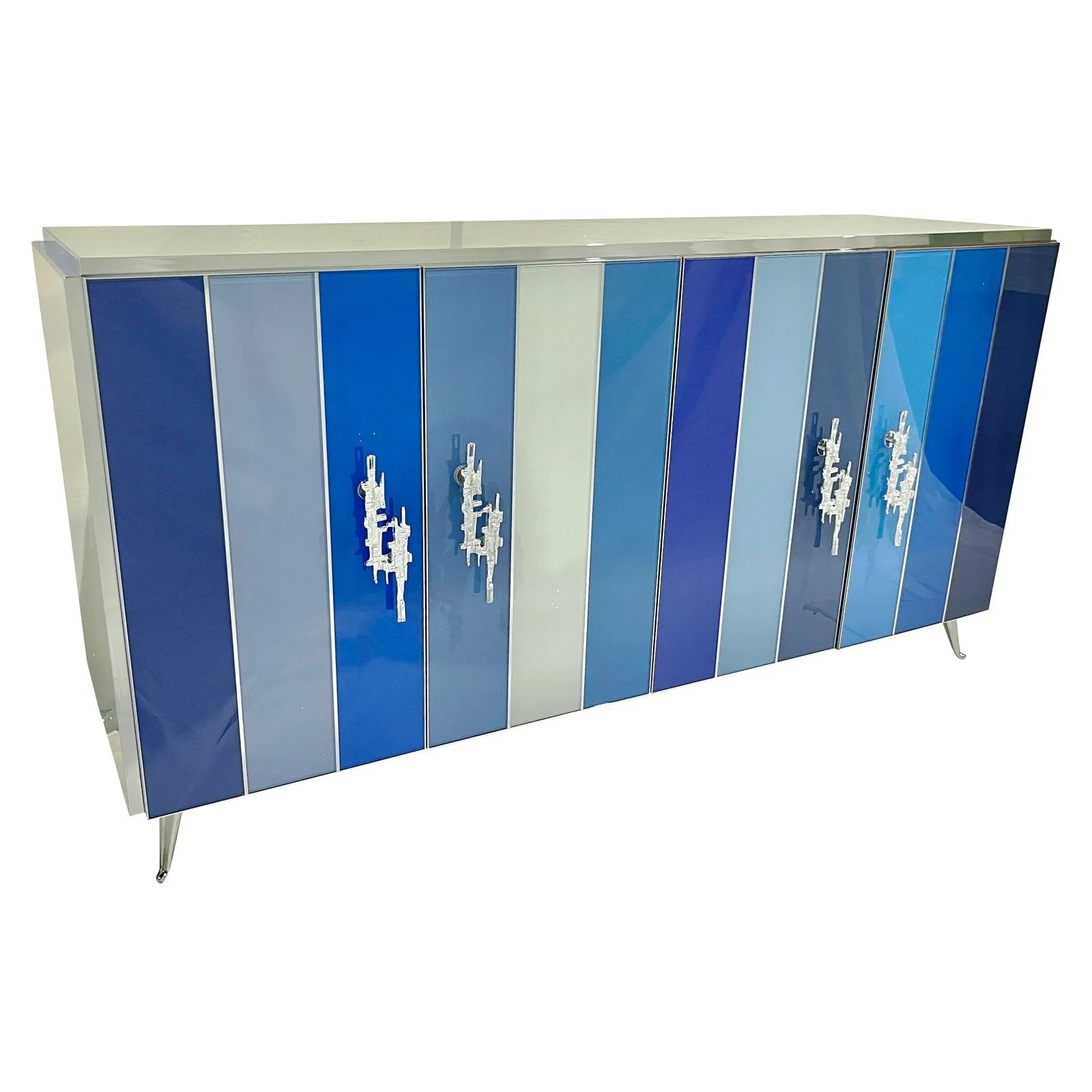 Customizable Italian Post Modern Blue Grey White Glass Nickel Cabinet/Sideboard