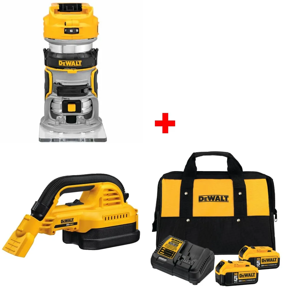 DeWalt DCW600B 20V Router, Bare w/ DCV517B 1/2 Gal Vacuum & FREE Battery 2 Pack